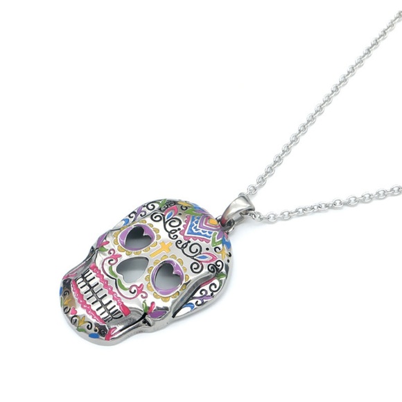 Sugar Skull Heart Eyes Day of the Dead Necklace - Picture 2 of 6